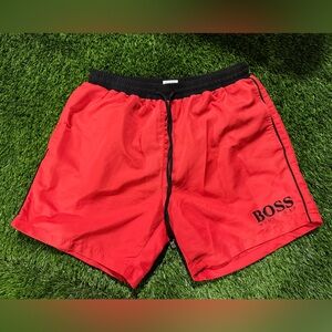 BOSS Black Waistband Swim Shorts with Red Lining